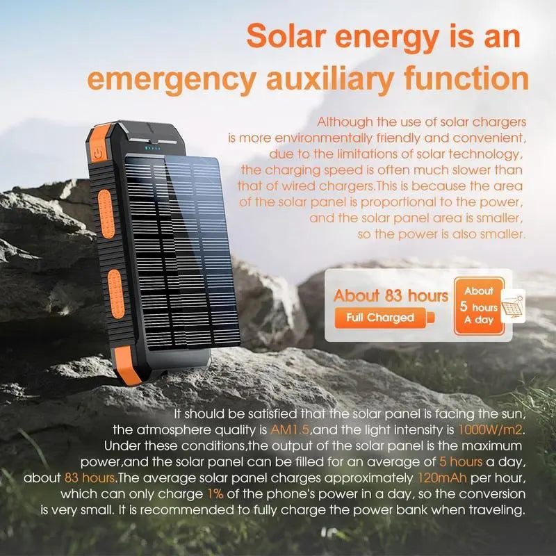 3-In-1 Power Bank with Large Capacity Solar Power Mobile Power Supply Factory Shipment-Solar Charger Power Bank 10000Mah Solar Phone Charger, Portable Charger Fast Charger Dual USB Ports Built-In LED Flashlight and Compass, IP65 Waterproof Portable