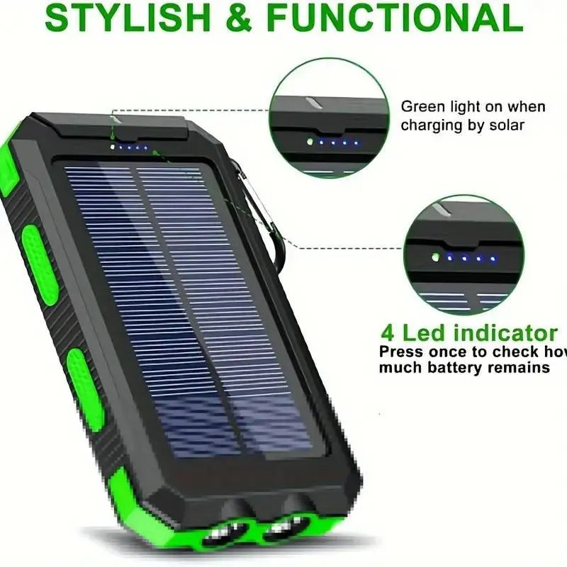 3-In-1 Power Bank with Large Capacity Solar Power Mobile Power Supply Factory Shipment-Solar Charger Power Bank 10000Mah Solar Phone Charger, Portable Charger Fast Charger Dual USB Ports Built-In LED Flashlight and Compass, IP65 Waterproof Portable